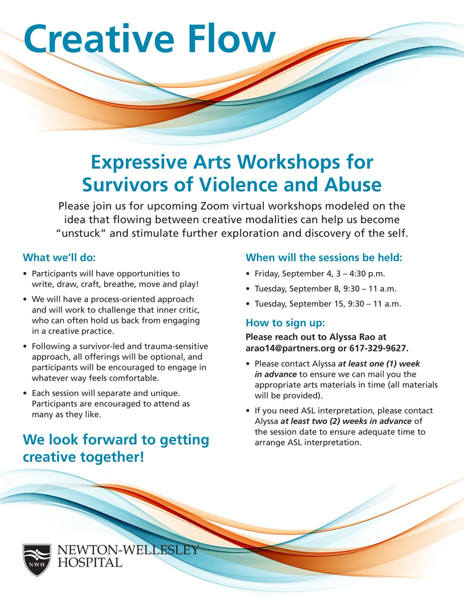 NWH_DVSA's tweet image. We are excited to be offering a series of virtual #ExpressiveArts workshops. All materials will be provided. Interested? Call Alyssa at (617) 329-9627 or arao14@partners.org #SelfCare #Healing #BuildingResilience #Wellbeing @barcc @saheliboston