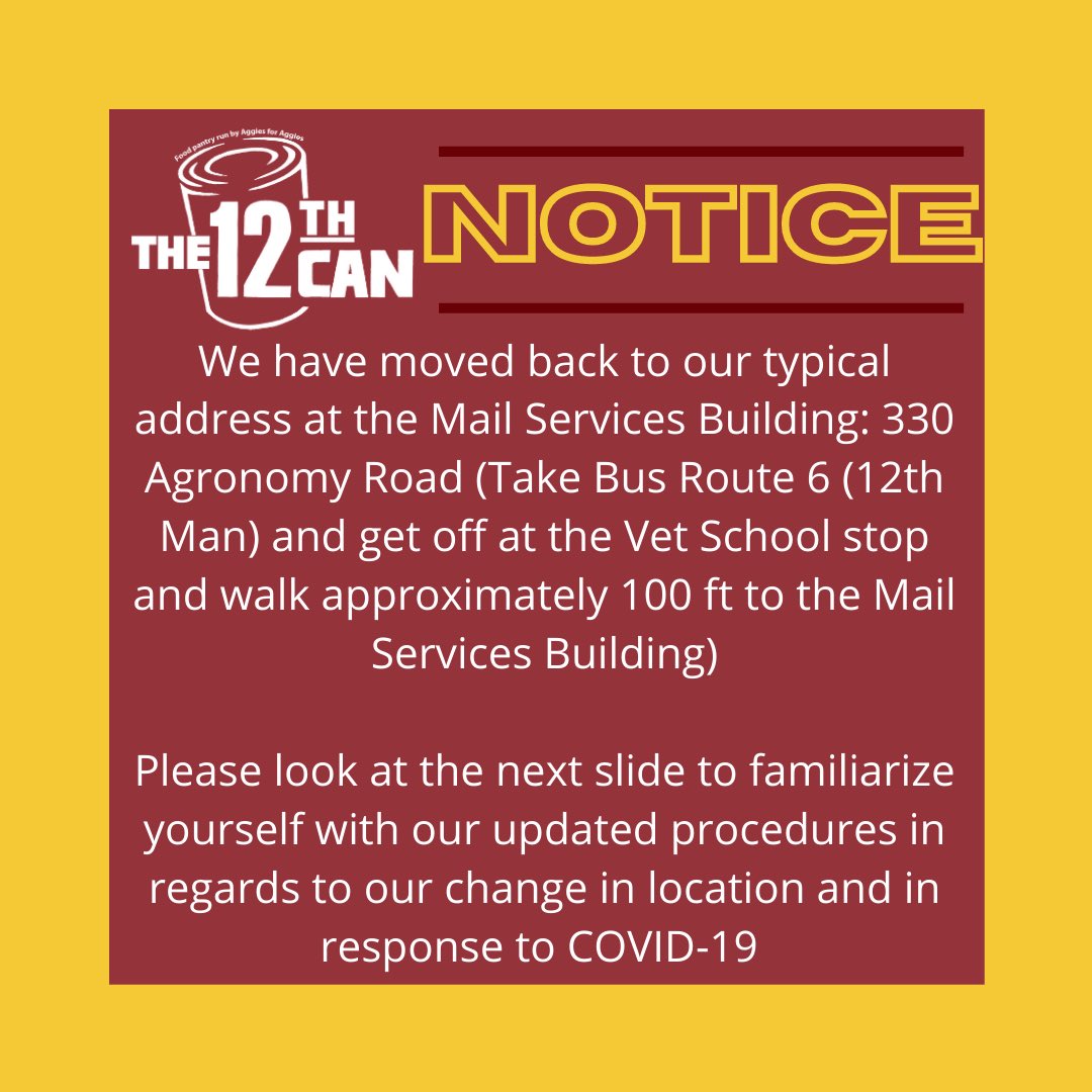 The12thCanTAMU's tweet photo. Please take note that we have moved back to our typical location. We also have changed our procedures in accordance to COVID-19 as elaborated in our slides. Any questions can be directed to 12thcan.director@gmail.com https://t.co/qVJdu8NDhC