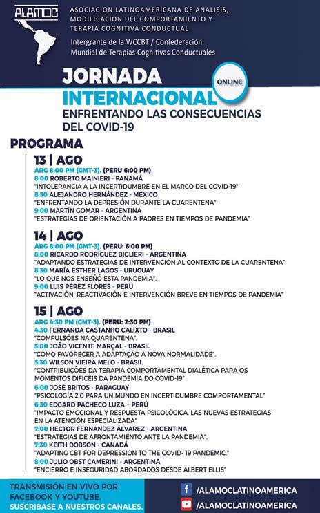 suamoc_uruguay's tweet photo. #SuamocApoya 📣"Jornada Internacional. Enfrentando las consecuencias del COVID-19"; organizada por #ALAMOC
🗓️ Días 13, 14 y 15 de agosto de 2020.
Vía 💻 /AlamocLatinoamerica
#Jornadas #Latinoamérica #Psicología #COVID #Psicoterapia #WCCBT #Cognitiva #Conductual. https://t.co/6MHYYbDDHR