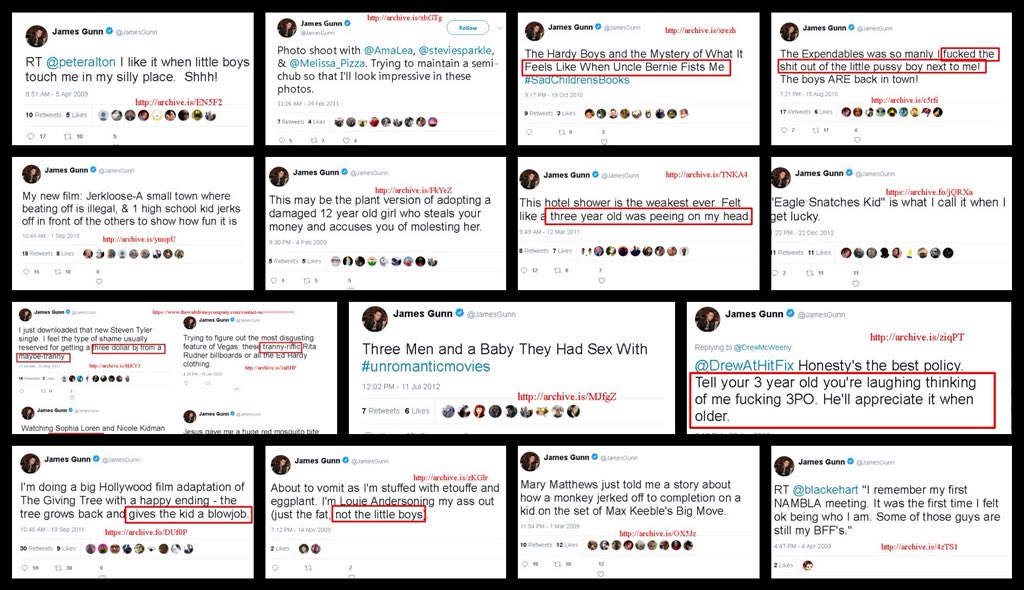 Then there is James Gunn https://www.theverge.com/2018/7/20/17596452/guardians-of-the-galaxy-marvel-james-gunn-fired-pedophile-tweets-mike-cernovich