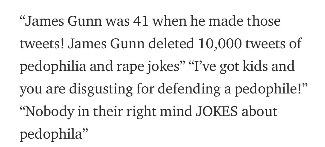 Then there is James Gunn https://www.theverge.com/2018/7/20/17596452/guardians-of-the-galaxy-marvel-james-gunn-fired-pedophile-tweets-mike-cernovich