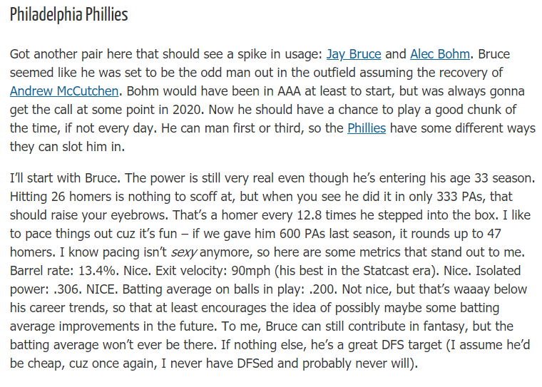 Small victory lap time just cuz.Didn't see a single soul talk about Jay Bruce this offseason. Wrote this back in May when the NL DH wasn't a sure thing but was looking inevitable. He's not the bomb diggity, but he's a cheap source of some bomb diggities. Thread//