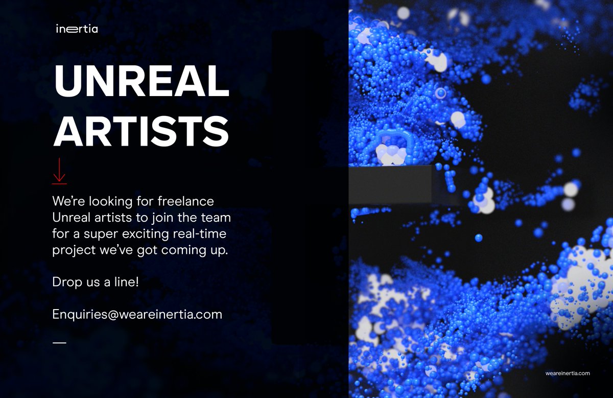 We're looking for freelance Unreal artists to join the team for a super exciting real-time project we've got coming up.

Get in touch!

enquiries@weareinertia.com

#UnrealEngine #freelance #RealTime