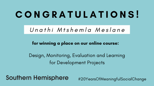 SouthernHemis's tweet image. Congratulations to our competition winner! 

If you would like to join Unathi, registrations are open until Thursday 13 August 5pm (SAST/CEST)

Learn more about the course here: bit.ly/39FLaIi 

#DMEL #ProjectCycle #Evaluation #20YearsOfMeaningfulSocialChange