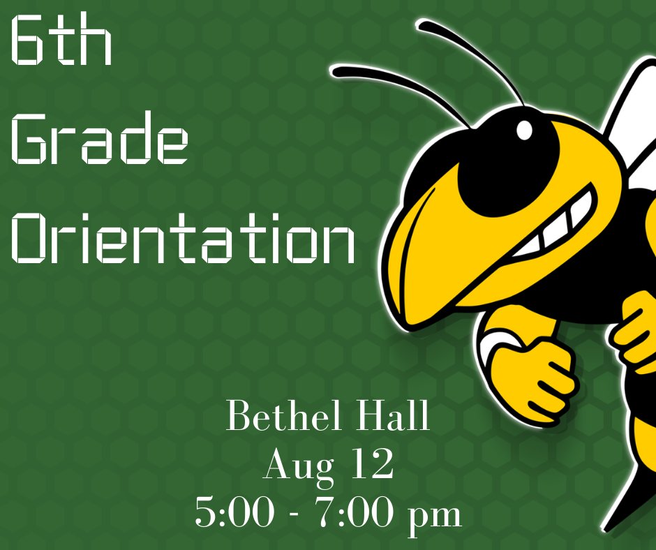 Hey #BethelBee 6th Graders
It's Orientation Time
Aug 12
5:00 – 7:00 pm
Bethel Hall
🐝Looking forward to seeing all our incoming 6th Graders  
*Wear A Mask*
🐝If students do not have them, one will be provided. 
#BethelLegacy #OneBethel #BethelMiddleSchool #BackToSchool