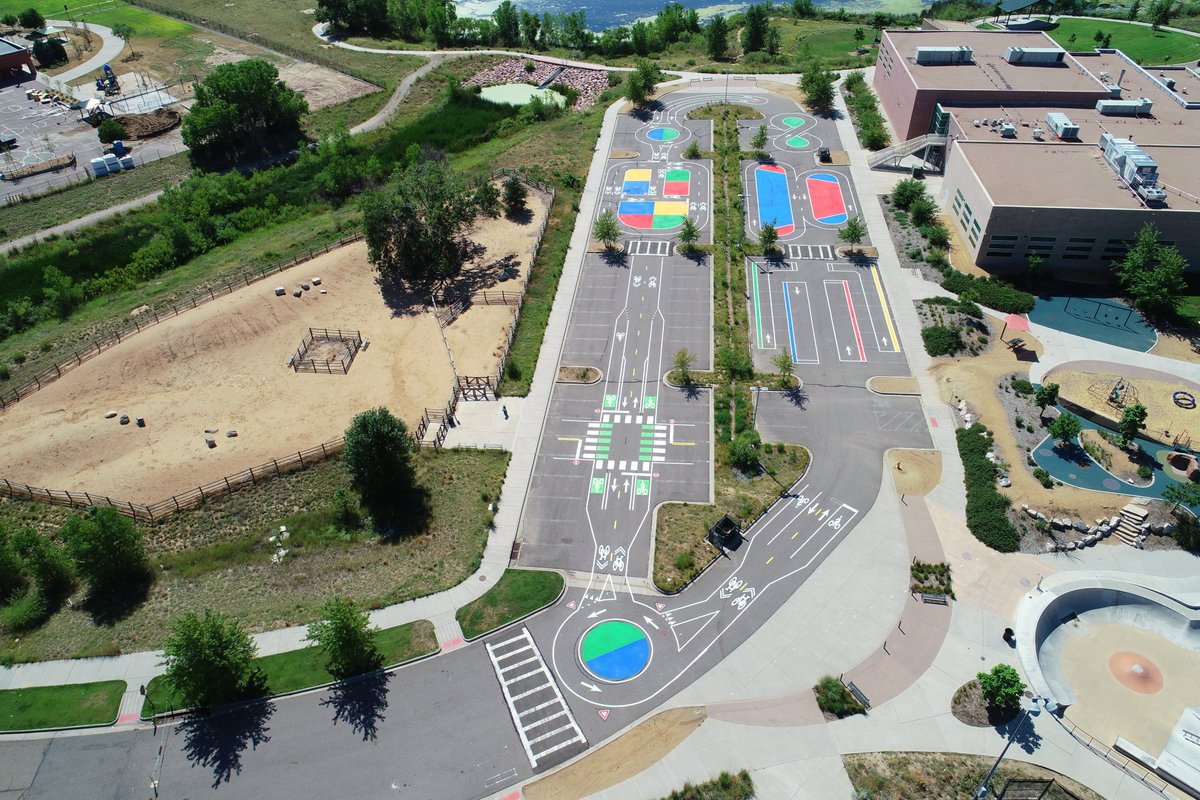 COBarricade's tweet photo. Remember the bike course our Striping Division worked on in Montbello? Check out these awesome drone shots @DenverDOTI took of the completed project! #striping #pavementmarking #bikecourse #CCD https://t.co/PfteNIx1GK
