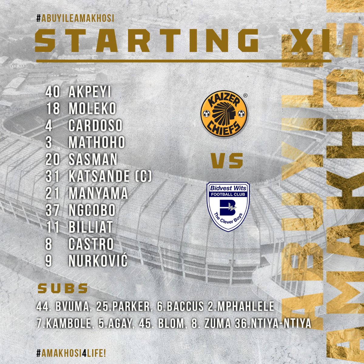 KaizerChiefs's tweet photo. Absa Premiership: Kaizer Chiefs v Bidvest Wits

Starting 11: Akpeyi, Moleko, Cardoso, Mathoho, Sasman, Katsande ©, Manyama, Ngcobo, Billiat, Castro, Nurković

Subs: Bvuma, Parker, Baccus, Mphahlele, Kambole, Agay, Blom, Zuma, Ntiya-Ntiya

Coach: Ernst Middendorp

#AbuyileAmakhosi https://t.co/F7ETfMcQBI