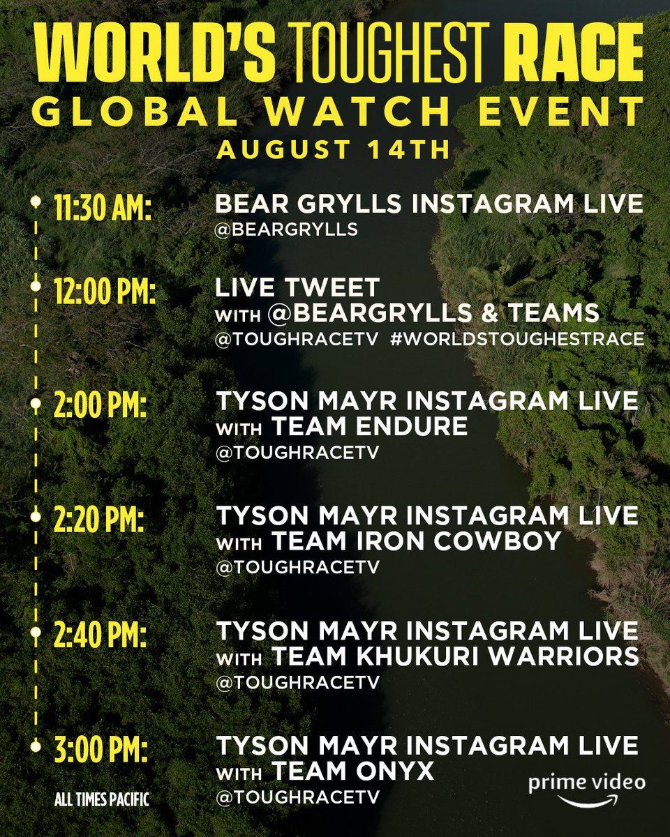 Take on Fiji with a little help from some pros. 

Join @beargrylls &amp; the world's toughest teams for the ultimate watch party Friday, August 14, starting at 11:30AM PT! #WorldsToughestRace