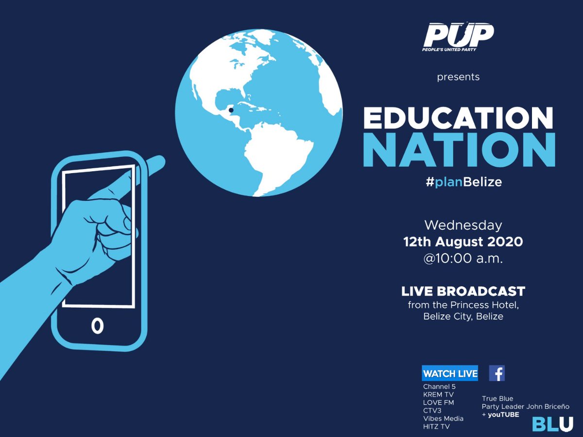 JohnBricenoBZE's tweet photo. Please join the Hon Francis Fonseca and I for the launch of the PUP Education Policy Plan, the first of our #planBelize policies we’re unrolling, today at 10:00 AM LIVE on Channel 5, Krem TV, Love FM, Vibes Media and Facebook!

#EducationNation #EverybodyFiWin #planBelize #BLU https://t.co/sacKS27KmQ