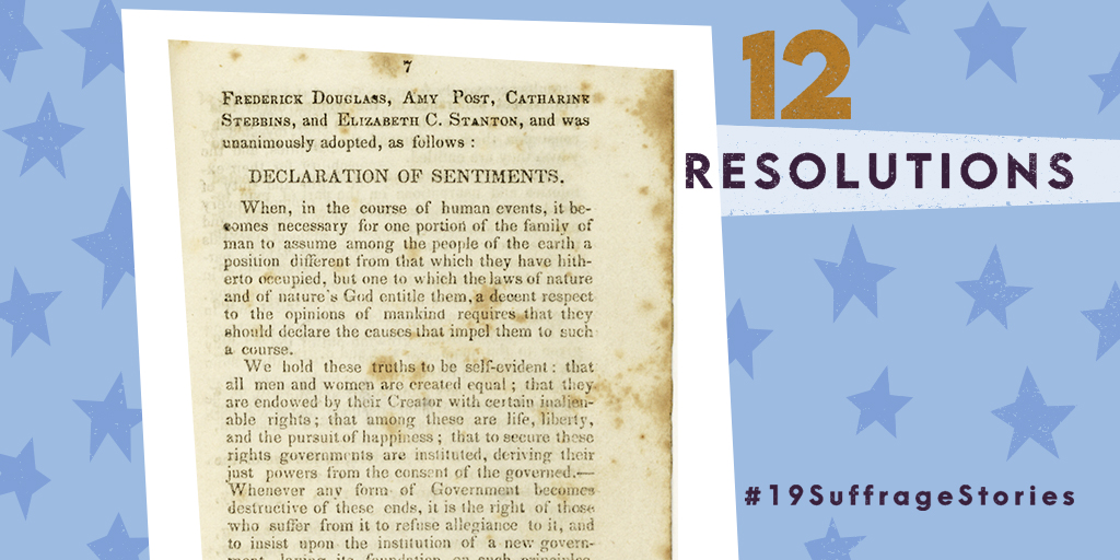 librarycongress's tweet photo. At the women's rights convention in 1848, Elizabeth Cady Stanton read the “Declaration of Sentiments." The list included 12 resolutions—11 written by Stanton, and the 12th by Lucretia Mott—calling for the equality of women. 1/4 

#19SuffrageStories

https://t.co/F4rGaTyhDi https://t.co/HMxxyJgx20
