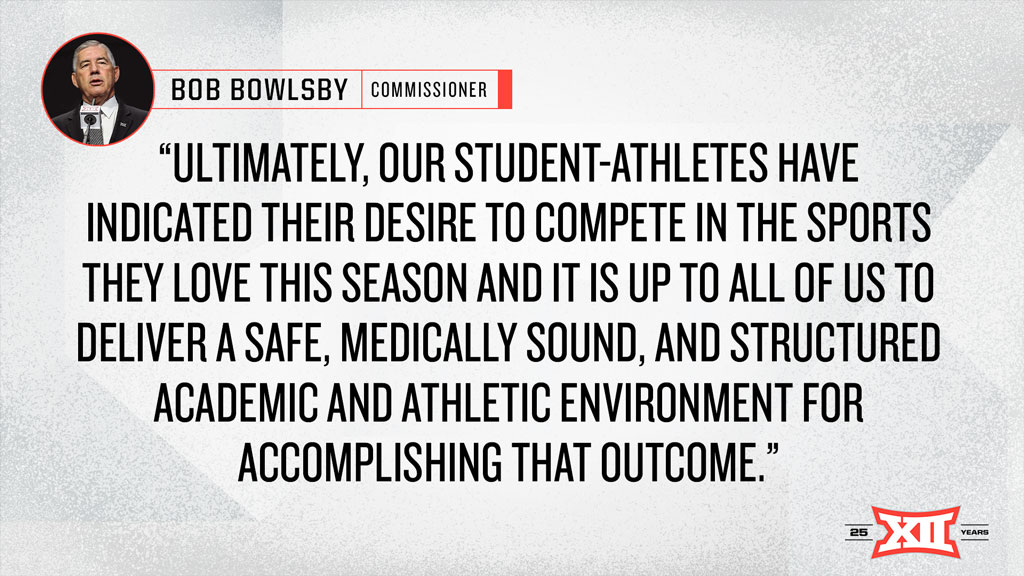 Big12Conference's tweet image. 🚨 Fall sports update from @Big12Conference Commissioner Bob Bowlsby.

➡️ big12.us/2PMHtI0