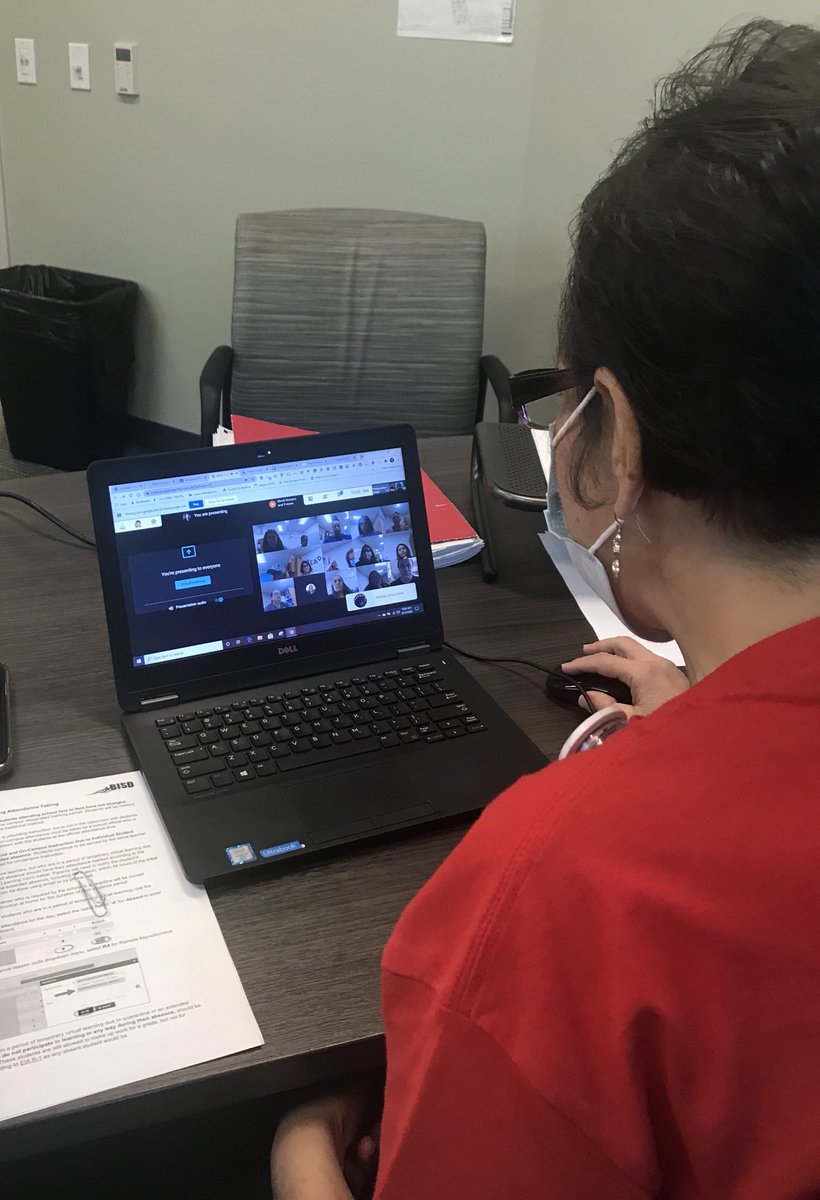 clarasaledavis's tweet photo. Principal Espinoza meeting with the FES staff preparing them for virtual teaching. It’s different, but it’s great!!! We got this!!! #BISDpride https://t.co/OEI4I2aKO8
