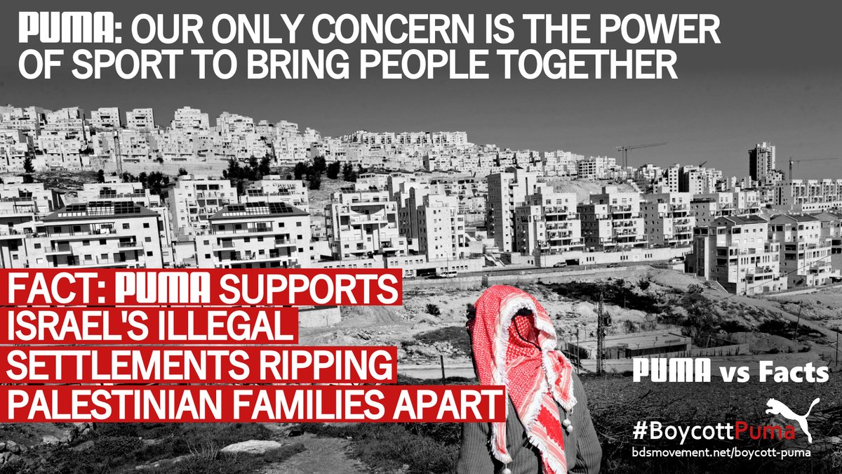PACBI's tweet photo. Puma vs Facts.
 
@Puma says its only concern is the power of Sport "to bring people together.”

Fact: Puma sponsors the Israel Football Association, which includes and advocates for teams in illegal Israeli settlements ripping Palestinian families apart. https://t.co/MjgLaoWUAd https://t.co/a0nnA3yJcM