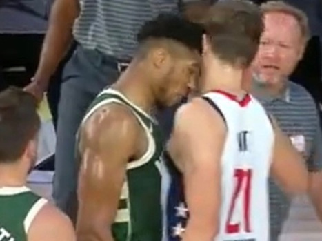 Apparently #head-butting is the preferred method of fighting in Greece. Not the first time #GiannisAntetokounmpo has done it. #TheGreekFreak was immediately ejected #NBA #MilwaukeeBucks #WashingtonWizards #NBAbubble #MoritzWagner