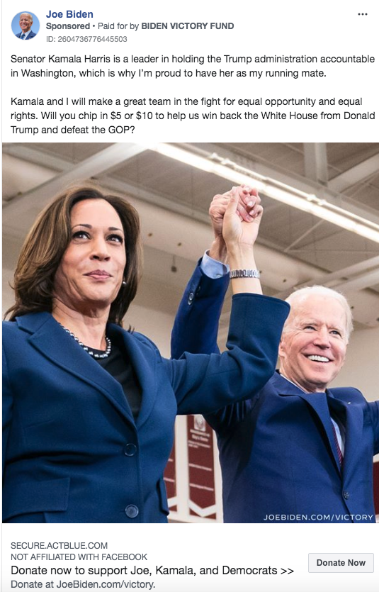 GetBoosterCo's tweet photo. Biden campaign was up immediately with a host of FB ads touting the #BidenHarris2020 ticket. This one focuses on her ability to hold Trump accountable and targets men more than women. #BoostersON #2020Election https://t.co/IkS18T3YpY