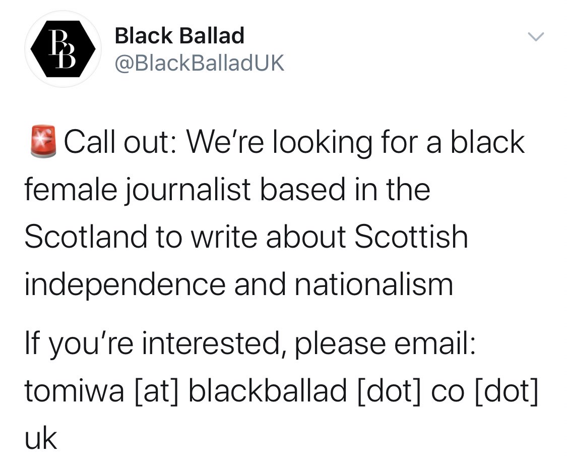 . @BlackBalladUK is looking for a Black female journalist to write about Scottish independence. Email tomiwa [at] blackballad [dot] co [dot] uk for more details.