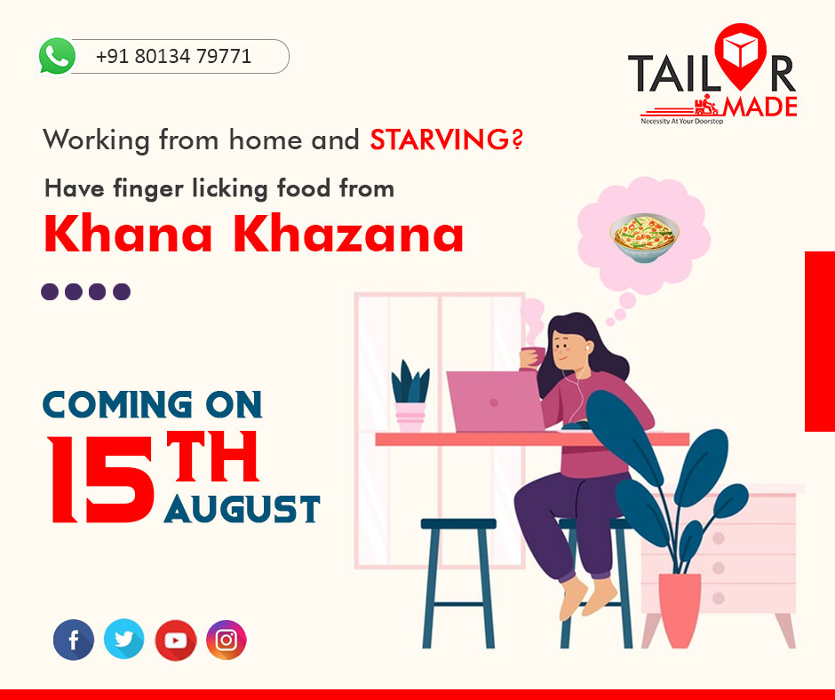 tailormadeindia's tweet photo. No more starving while working. From breakfast till dinner we will be serving at your doorstep. Khana Khazana at Tailor Made is coming for you from 15th August. Stay with us and avail the best services!

#tailormade #deliveryservice #fooddelivery #stayhome #staysafe #WorkFromHome https://t.co/ENvCLSowQw