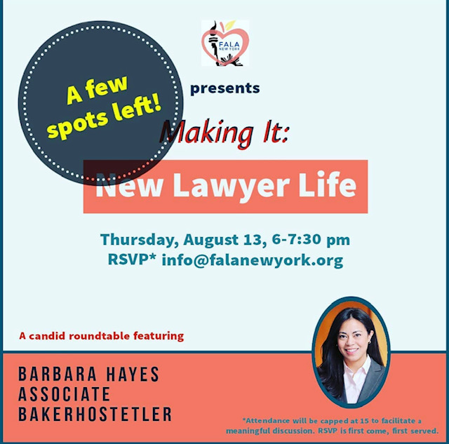 falanewyork's tweet photo. Still space to register!! Come join the conversation with Barbara Hayes, who's done it all (in-house, Boutique, Big Law). Hear her story and how she handles the challenges of new lawyer life in an economic crisis. RSVPs to info@falanewyork.org! https://t.co/fJRXsQZ2zm