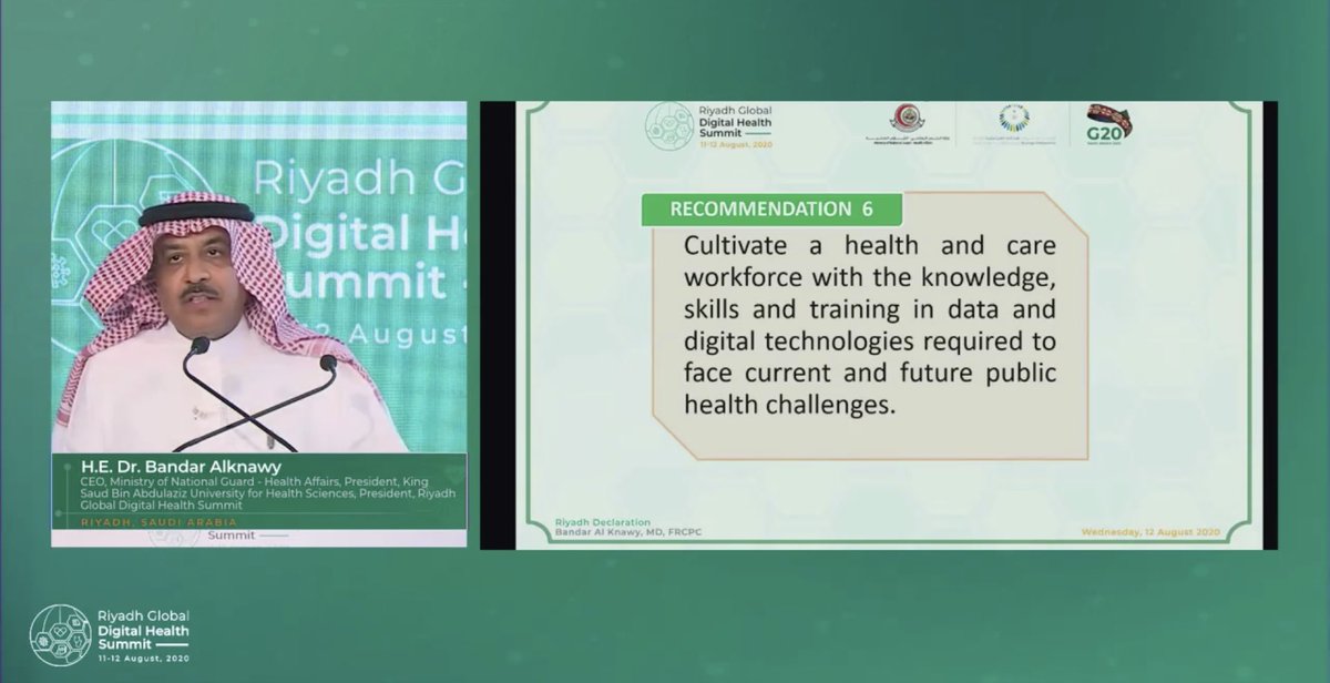 louise_schaper's tweet photo. H.E. Dr Bandar Al Knawy presents the #DigitalHealth G20 Declaration. Congratulations to Dr Bandar, @JoudAbduljawad and the team behind the #RiyadhDigitalHealth Summit. A fantastic achievement! @RGDHS2020 #RGDHS https://t.co/GRvd3EBdSv