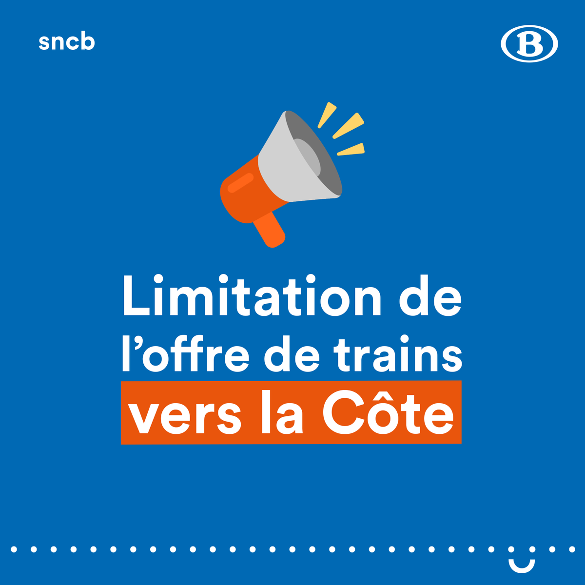 Pour des raisons de sécurité sanitaire, les autorités déconseillent de se rendre à la Côte. A leur demande, le nombre de trains et leur taux d’occupation seront limités ce week-end. Les horaires de cette offre adaptée seront disponibles dès ce vendredi via le site et l'app #SNCB