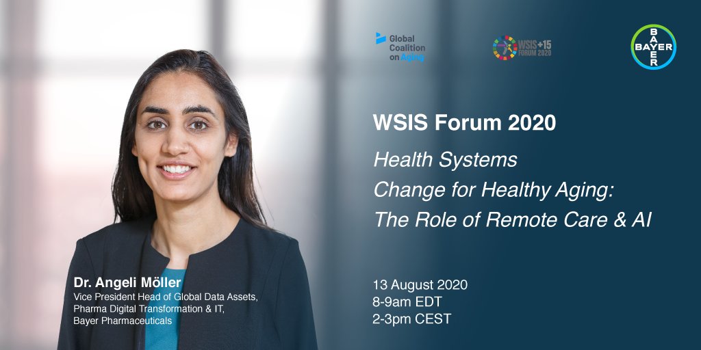 #Bayer aims to lead #change that will improve the lives of today’s and tomorrow’s older people. Join the <a href="/UN/">United Nations</a> <a href="/WSISprocess/">World Summit on the Information Society (WSIS)</a> #WSIS2020 session with <a href="/Angeli_Moeller/">Angeli Möller</a> to learn about the potential #remotecare and #AI have to enable #healthyaging. Register here: bit.ly/3igoz8f