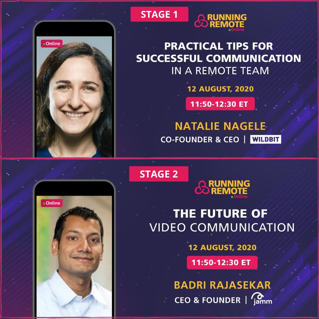 Running Remote (@runningremote) on Twitter photo Learn practical tips for successful #communication in a #remoteteam from Natalie Nagele CEO <a href="/Wildbit/">Wildbit</a> on stage 1๏ธโฃ while <a href="/baddn/">Badri Rajasekar โจ</a> CEO <a href="/jammhq/">Jamm</a> presents to you the future of #videocommunication in his session on stage 2๏ธโฃ at 11:50 AM ET.
Click here๐ow.ly/d4Yd50AXt2S to join Learn practical tips for successful #communication in a #remoteteam from Natalie Nagele CEO <a href="/Wildbit/">Wildbit</a> on stage 1๏ธโฃ while <a href="/baddn/">Badri Rajasekar โจ</a> CEO <a href="/jammhq/">Jamm</a> presents to you the future of #videocommunication in his session on stage 2๏ธโฃ at 11:50 AM ET.
Click here๐ow.ly/d4Yd50AXt2S to join