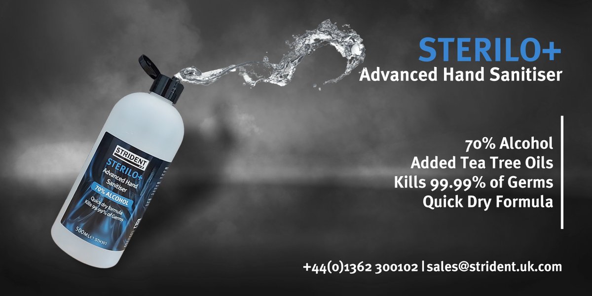 Strident_Power's tweet image. Sterilo+ hand sanitiser has a 70% alcohol content giving fast and effective action killing 99.99% of germs, including its added Tea Tree Oils to leave the skin feeling soft, clean, fresh and germ free.
 
Find out more: stridentbatteries.com/product-catego…

#strident #sterilo #handsanitiser