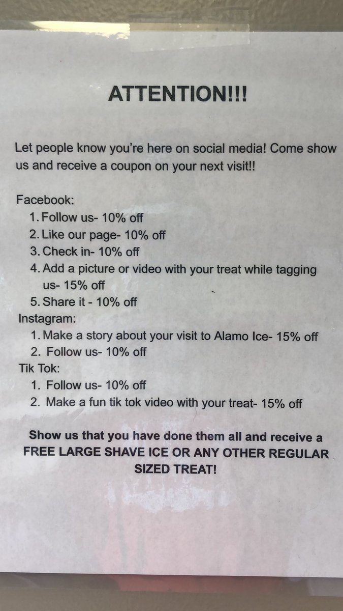 alamo_ice's tweet photo. Come out and share our page on Facebook , Instagram and twitter and receive 10% or 15% off on your next purchase! Make sure you take a look at this and show our cashier what you did to help support our local business! Thank you everyone who already has and come back to see us! https://t.co/my5BcmYglw