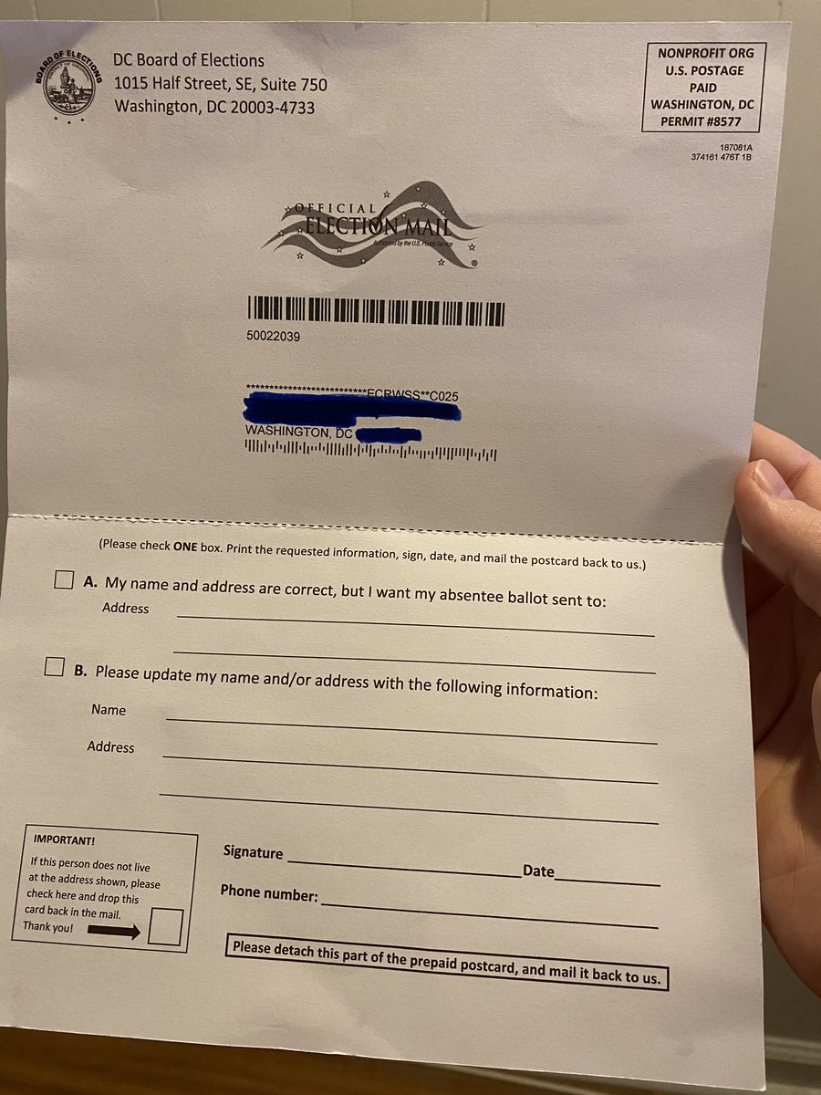 Ready for a way-too-complicated D.C. elections thread? Buckle up. So this week many D.C. voters started getting a mailer from  @Vote4DC to confirm their address (or let them change it) ahead of November’s election, when ballots will be sent to every voter.