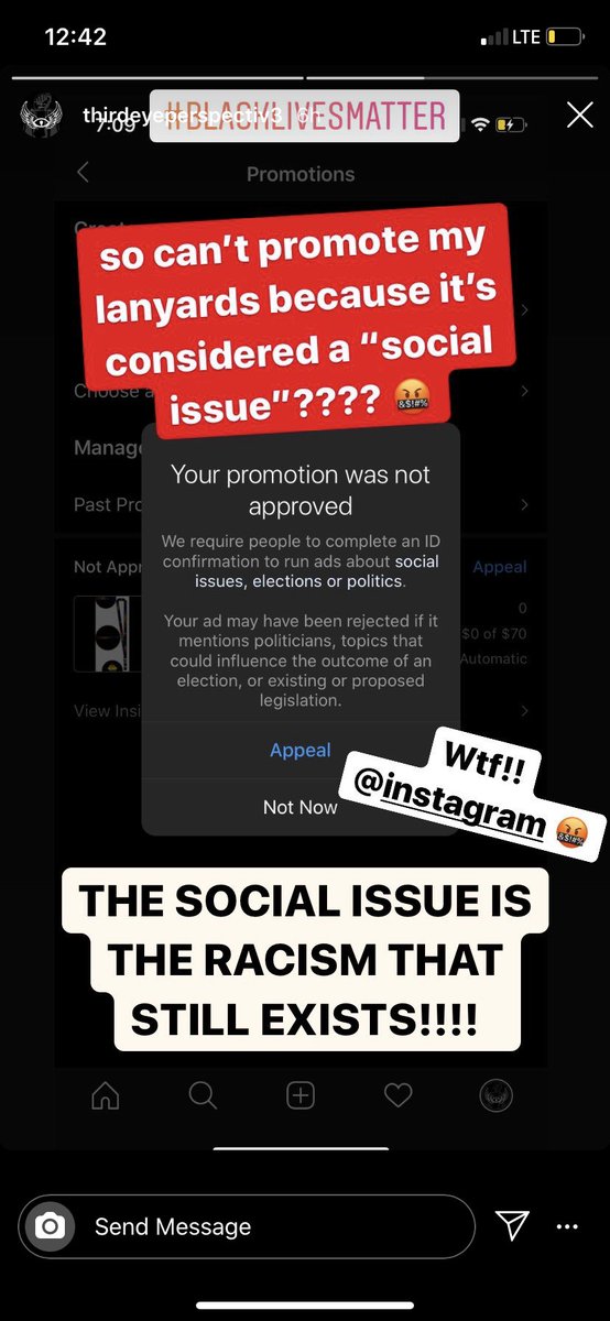 THRDEYEPRSPCTV's tweet photo. So #instagram #facebook won't approve my promotion for my ads because it may "influence an election"???? WTF!!!
BUT YET PEOPLE CAN OPENLY SUPPORT WHITE SUPREMACY WITHOUT CONSEQUENCES!!?? 
  #IG #BLACKLIVESMATTER #BLM #EQUALITY #SUPPORT #FreeSpeech #censorship #BAN https://t.co/eD1POyIu7a