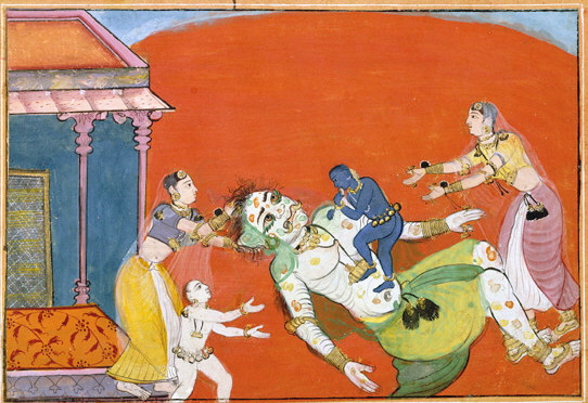 Putana, who disguises herself as a wet nurse and tries to poison Krishna as a baby by feeding him her poisoned milk. Krishna, knowing her plot, is said to have grabbed hold of her with his godly strength and bites down hard on her teat, killing her in the process.