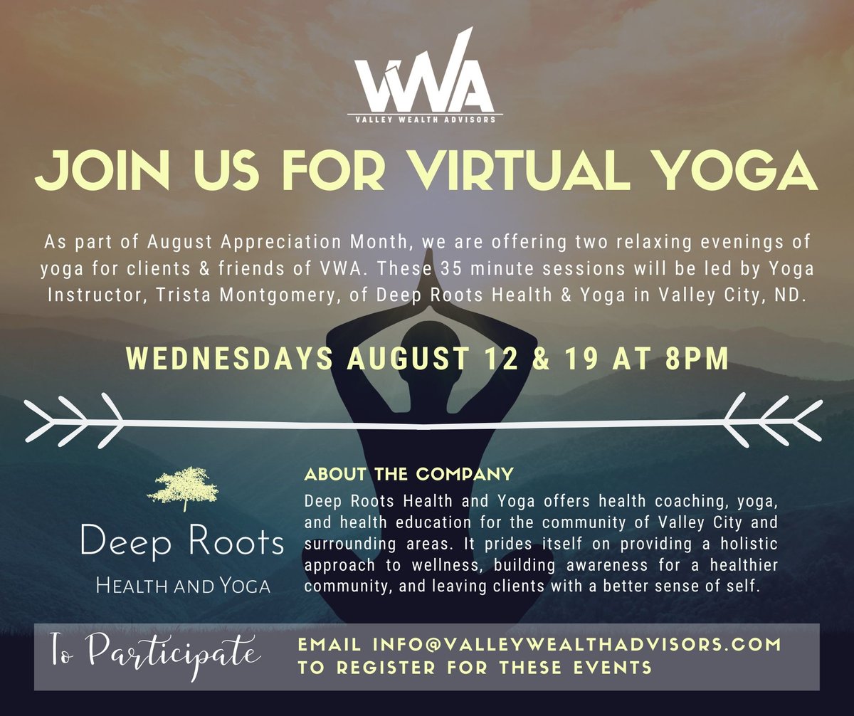 VWAdvisors's tweet image. #WellnessWednesday is here and that means it's yoga night! 

Sign up today by emailing us at info@valleywealthadvisors.com.