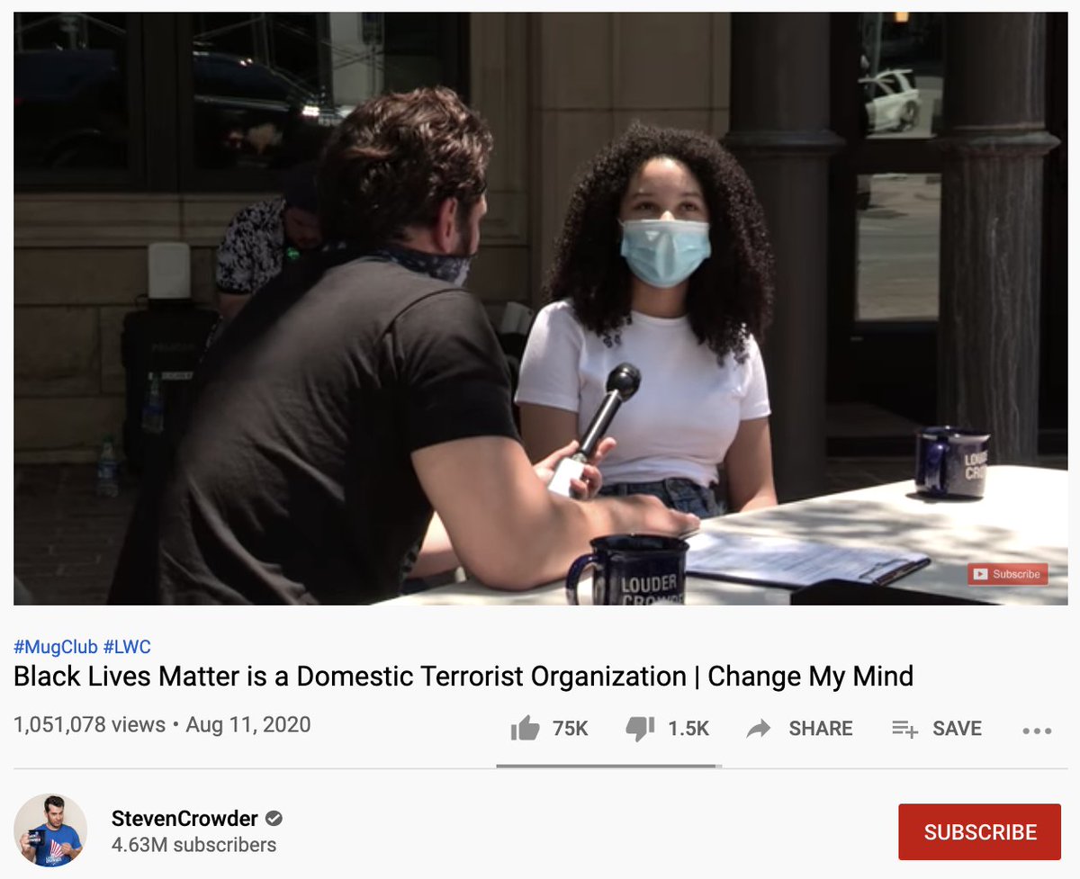 In the past few months, Crowder has:- published conspiracy theories about COVID- called BLM a terrorist organization- made multiple videos about how "TRANSGENDERS ATTACK!"These are all in violation of YouTube's policies. Not a single one has been removed.