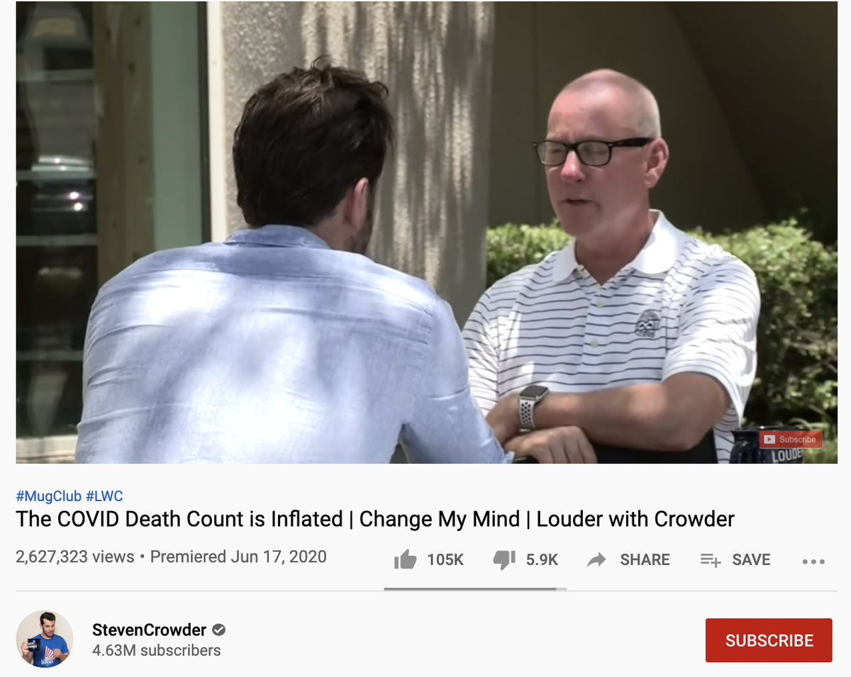 In the past few months, Crowder has:- published conspiracy theories about COVID- called BLM a terrorist organization- made multiple videos about how "TRANSGENDERS ATTACK!"These are all in violation of YouTube's policies. Not a single one has been removed.