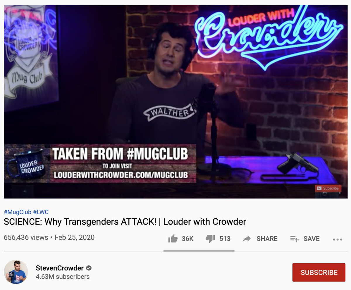 In the past few months, Crowder has:- published conspiracy theories about COVID- called BLM a terrorist organization- made multiple videos about how "TRANSGENDERS ATTACK!"These are all in violation of YouTube's policies. Not a single one has been removed.