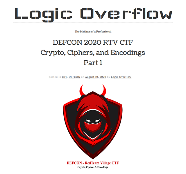 LogicOverflow's tweet photo. [Crypto, Ciphers, &amp; Encodings] Walkthrough guide for DEFCON 2020 RedTeam Village's Capture The Flag: https://t.co/CEYuwvBug8 #DEFCON #flags #defconsafemode #cybersecurity #redteam #ctf #VillageRedTeam https://t.co/u8GmJMH0E2