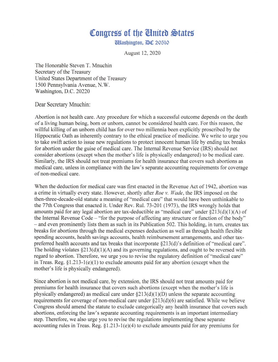 Abortion is not healthcare. A procedure where a successful outcome is the death of a living human being - born or unborn - is not healthcare. @WarrenDavidson & I wrote to Sec. Mnuchin calling for new regulations to end tax breaks for abortion under the guise of healthcare.