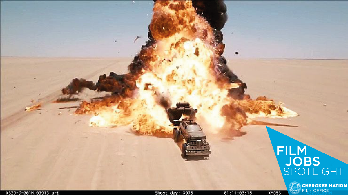 cherokeefilm's tweet photo. Film Job Spotlight: Pyrotechnician 🔥 A highly-trained and certified pyrotechnician is responsible for handling, designing and orchestrating all of the pyrotechnics, firearms, and weapons on a film set. Check out this giant explosion in Mad Max: Fury Road!💥😱 🎞️

#MoreNatives https://t.co/30hvffXBZK