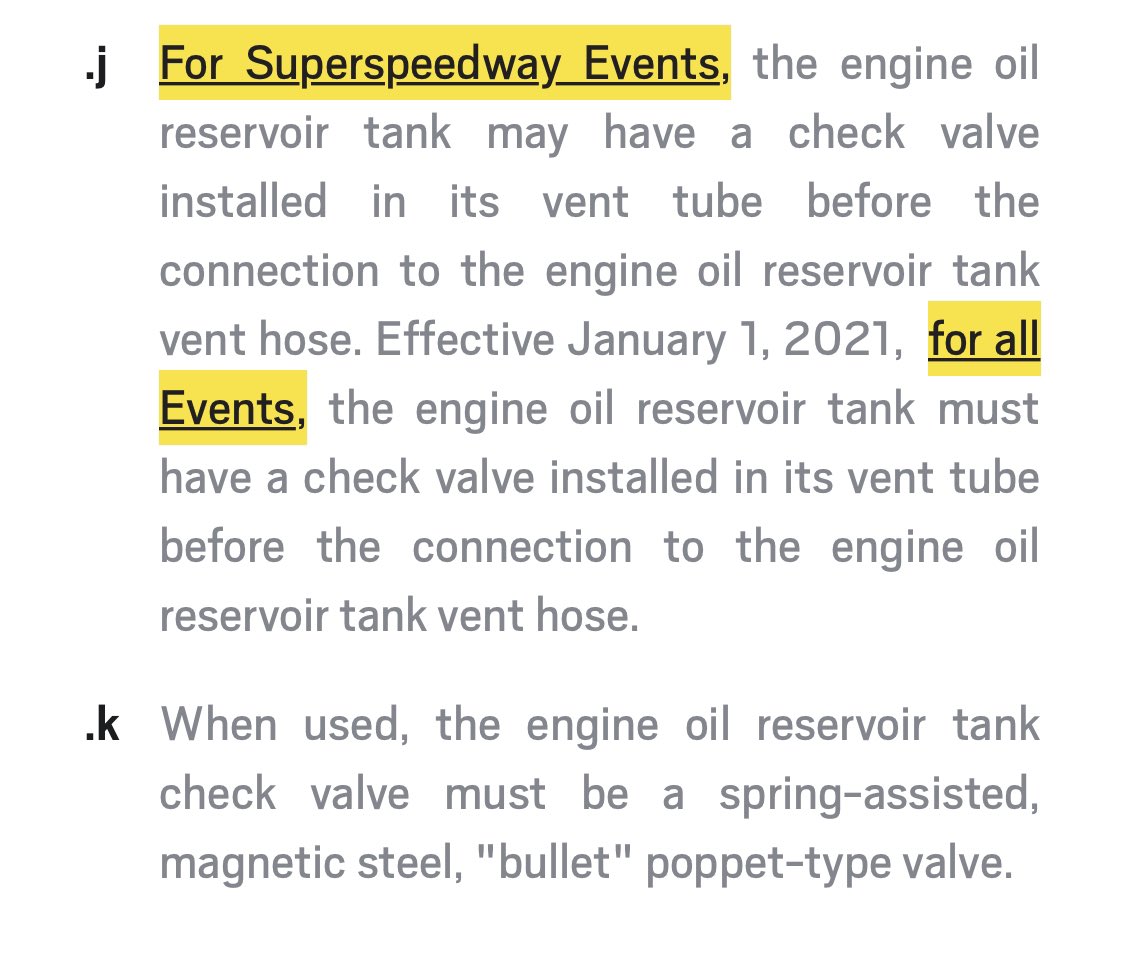 The check valve update is the only significant change I see in the rule book bulletin today with wording adding to state that it is for superspeedway events until the end of the year. This is likely in response to the the valves sticking and oil tanks bursting at some tracks.