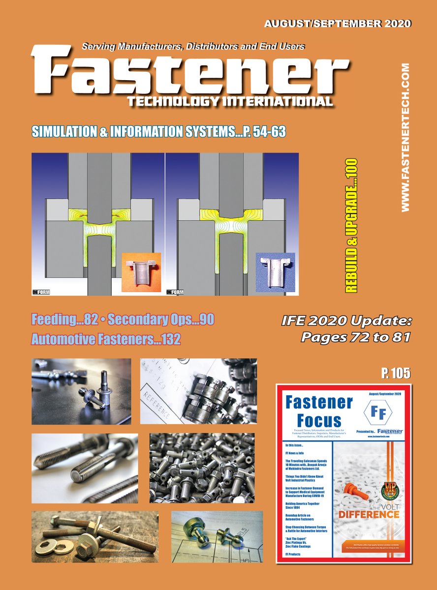 The digital edition of the August/September 2020 issue of FTI is online at bluetoad.com/publication/?i…, and print copies are in the mail. Visit fastenertech.com for details on free subscriptions and publication opportunities.