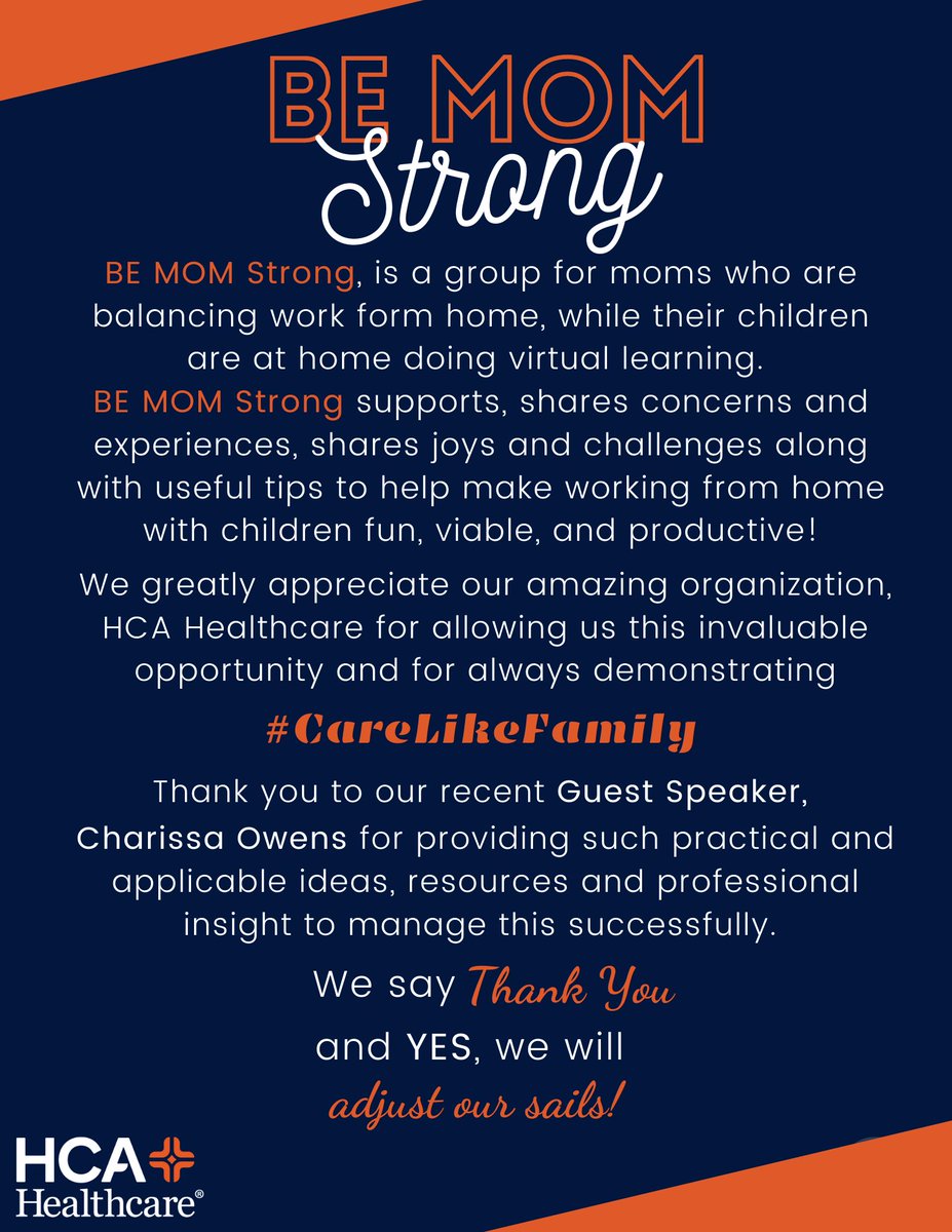 MindyHartHCA's tweet photo. #BeMomStrong #AdjustOurSails #VirtualLearning #WorkFromHome #Support https://t.co/Fo1uIxzJEc #HCAHealthcare https://t.co/aSkrNFomrp