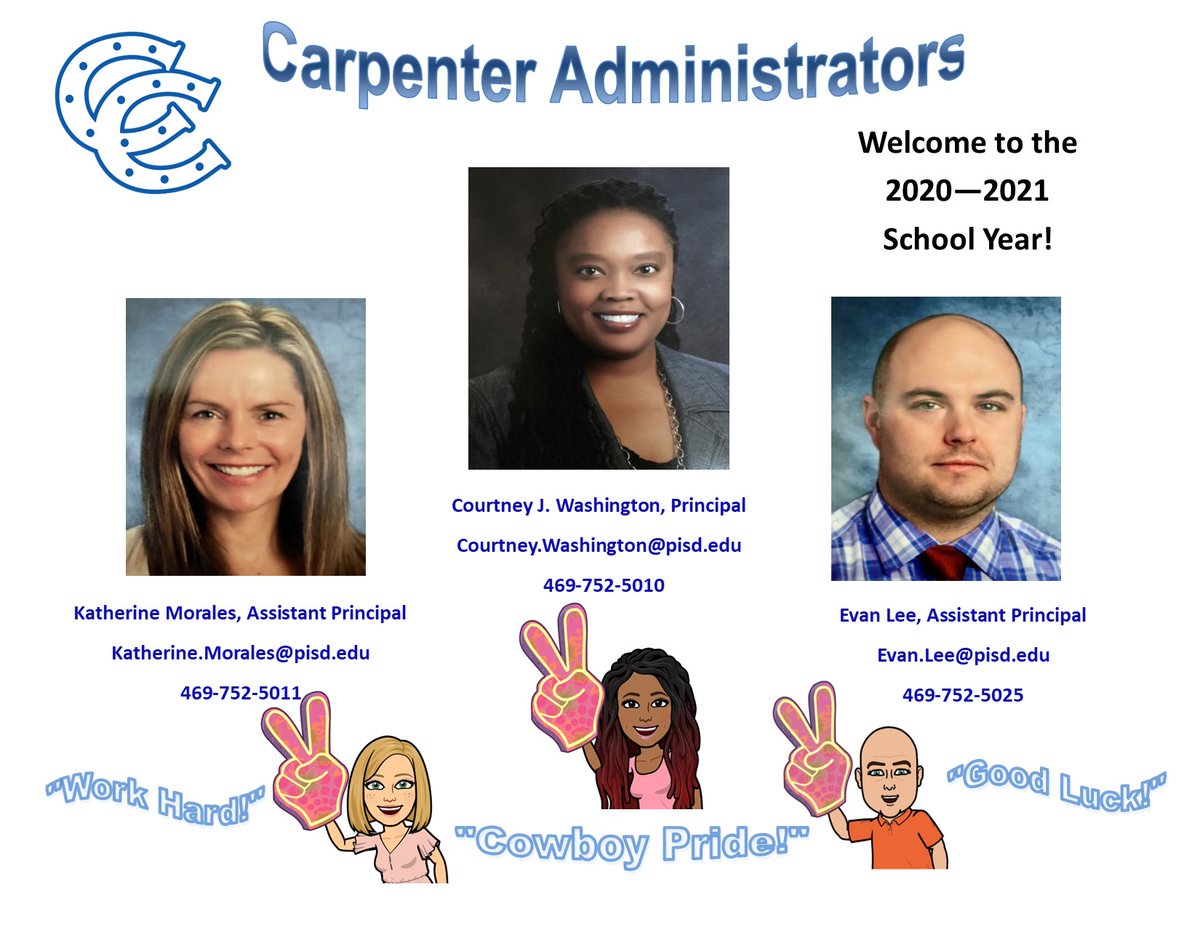 WeAreCarpenter's tweet image. Welcome to the 20-21 school year, Cowboys!  Meet your A-Team.  #PISDPoweredbyLearning  #PISDFirstDay @katiemorales28 @ELEE_CarpAP @Carp_Principal