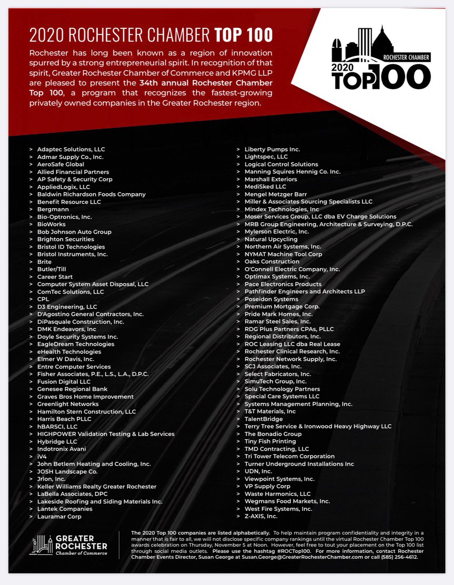We are very proud to announce that <a href="/Lightspec_LLC/">Lightspec, LLC.</a> has been recognized by the Greater Rochester Chamber for being among the Top 100 fastest growing companies in the Greater Rochester Region! Thank you and congratulations to everyone involved!