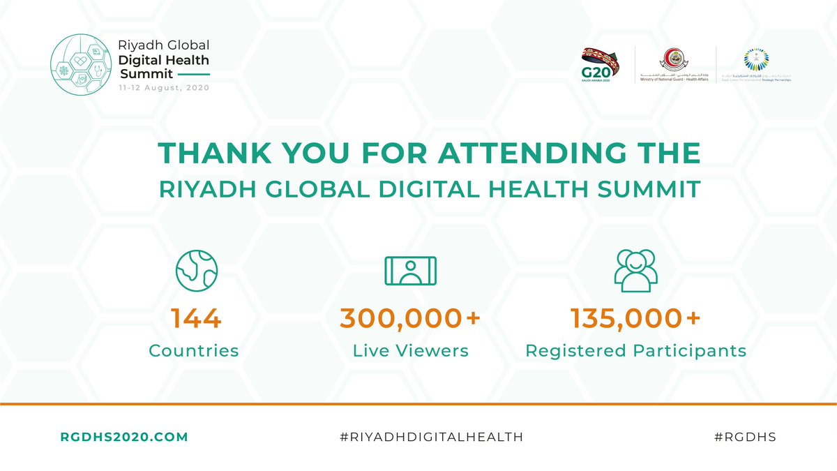 RGDHS2020's tweet photo. Thank you to our distinguished global experts and to the #RiyadhDigitalHealth audience who joined us virtually from 144 countries around the world. #RGDHS https://t.co/ET0fBtUNij