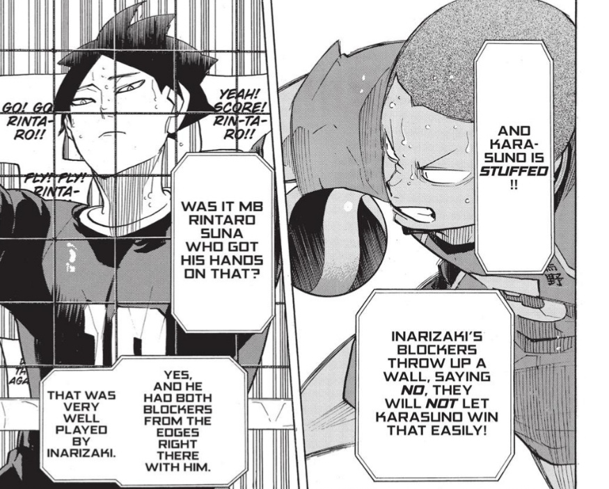 Suna and Tsukki are very similar and their playstyle revolves around watching their opponents and breaking them down. We can see Suna here trying to wear down Tanaka, stuffing him, trying to break his spirit.