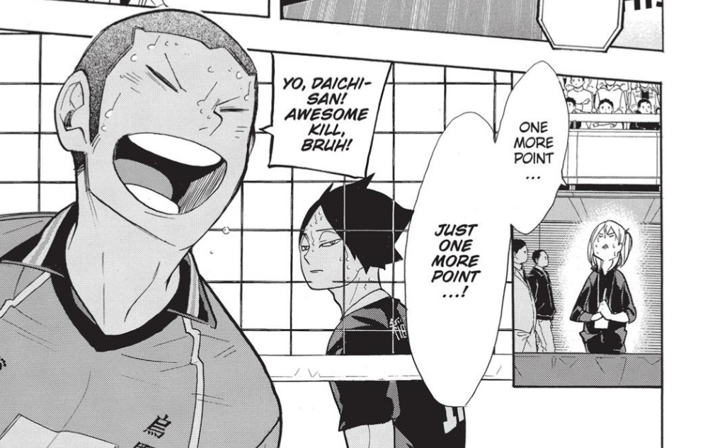 Suna and Tsukki are very similar and their playstyle revolves around watching their opponents and breaking them down. We can see Suna here trying to wear down Tanaka, stuffing him, trying to break his spirit.