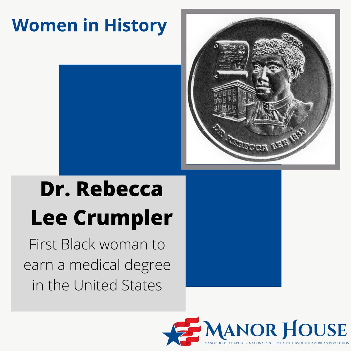 ManorHouseDAR's tweet photo. This #WomenWednesday we are sharing the story of Rebecca Lee Crumpler, the first Black woman to earn a medical degree in the United States. Visit our Facebook page to learn more. https://t.co/cn9rIdtFkC https://t.co/bcSj7MlKTg