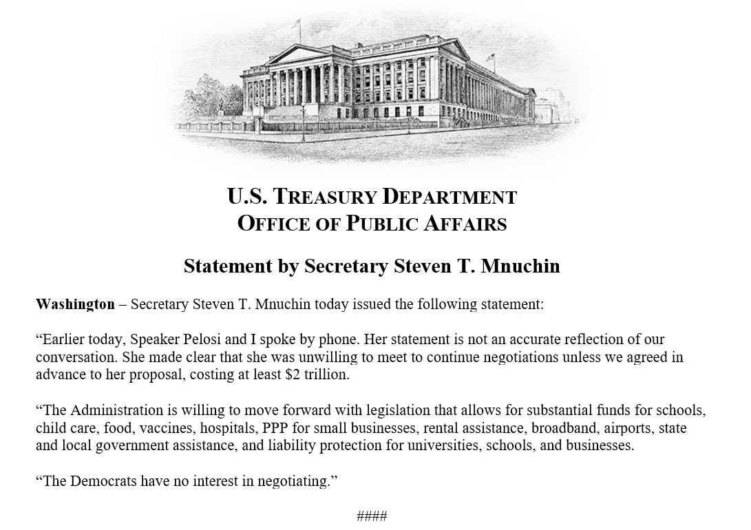 stevenmnuchin1's tweet photo. My statement on my conversation earlier today with @SpeakerPelosi. The Democrats have no interest in negotiating. https://t.co/eAiGCjmyqY