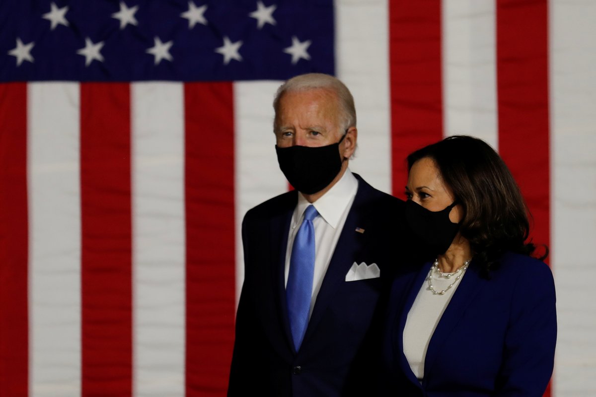 reuterspictures's tweet image. Joe Biden and his running mate, Kamala Harris, make their first appearance as a ticket in Wilmington, Delaware. Read more: reut.rs/3kAx3cF 📷 @ReutersBarria