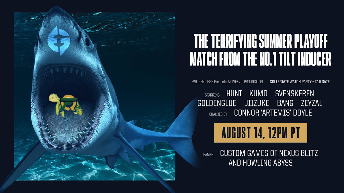 EvilGeniuses's tweet photo. Evil lurks in the depths of the ocean. Join the EG Collegiate tailgate and watch party on Friday at 12PM PT to find out how #EGLCS plans to take over Summer Playoffs! #LIVEEVIL

💬 https://t.co/z5uSZgC2dN https://t.co/nRqhuLvbX1